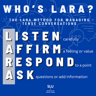 Infographic with the LARA acronym, which stands for Listen, Affirm, Respond,  and Ask.