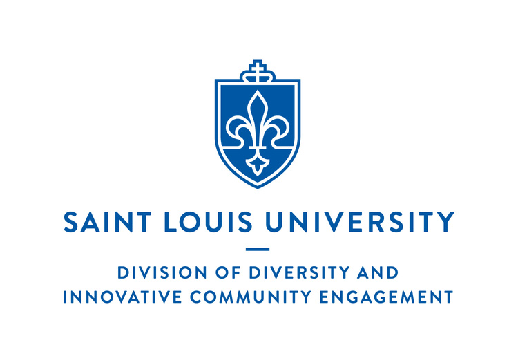 Image of SLU's logo, a white fleur de lis outline on a blue shield, with the text 'Saint Louis University, Division of Diversity and Innovative Community Engagement.'